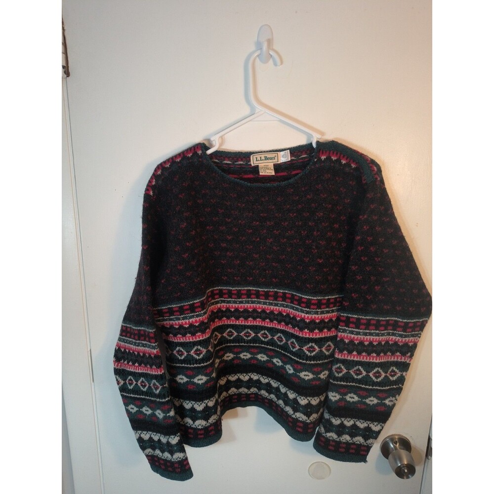 Vtg 80s LL Bean Shetland Wool Fair Isle Sweater Womens Large Green Red Nordic